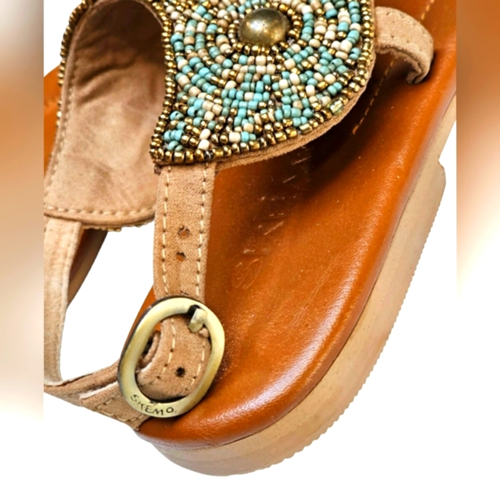 Skemo Luxury Bead Embroidered Tan Turquoise Ankle Strap Sandals Shell Details - Picture 11 of 13